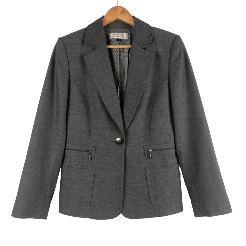 Tahari ASL Women's Size 8 Grey Long Sleeve Single Button Blazer Suit Jacket